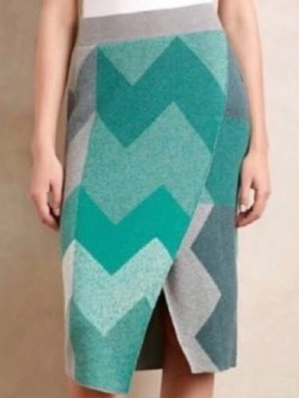 Anthropologie Moth Asymmetrical Chevron Green And Gray Knit Skirt Size Small